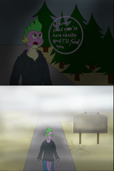 Size: 1284x1924 | Tagged: safe, artist:dreamy-tommy, spike, dragon, anthro, g4, adult, adult spike, clothes, comic, crossover, fog, forest, hoodie, implied rarity, implied shipping, implied sparity, implied straight, konami, male, monochrome, nature, older, older spike, sign, silent hill, solo, speech bubble, this will end in tears and/or death, tree