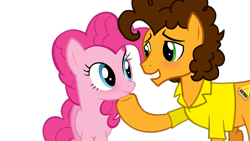 Size: 3000x1687 | Tagged: safe, artist:dreamy-tommy, edit, edited screencap, screencap, cheese sandwich, pinkie pie, earth pony, pony, g4, pinkie pride, background removed, blushing, female, hoof on chin, looking at each other, looking at someone, male, mare, ship:cheesepie, shipping, simple background, smiling, stallion, straight, transparent background, vector