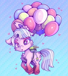 Size: 1832x2048 | Tagged: safe, artist:chocchippony, ivory cedar, earth pony, pony, g5, :o, abstract background, balloon, chest fluff, ear fluff, floating, floating heart, heart, male, open mouth, solo, stallion, unshorn fetlocks