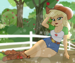 Size: 9582x8052 | Tagged: safe, artist:emeraldblast63, part of a set, applejack, human, equestria girls, g4, absurd resolution, apple, apple tree, applebucking thighs, bedroom eyes, boots, breasts, busty applejack, cleavage, cowboy boots, cowboy hat, cowgirl, female, fence, freckles, green eyes, hat, lens flare, lipstick, looking at you, red lipstick, shoes, solo, stetson, stupid sexy applejack, sultry pose, sweet apple acres, thighs, thunder thighs, tree, wide hips