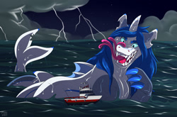 Size: 1500x990 | Tagged: source needed, safe, artist:muzz, oc, oc only, oc:prince nova, hybrid, shark, unicorn, dorsal fin, fangs, fin, fins, fish tail, flowing mane, long tail, ocean, scales, swimming, tail, water