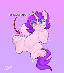 Size: 2177x2480 | Tagged: safe, artist:rivin177, oc, oc only, oc:rivin, pony, unicorn, belly, belly button, blue eyes, cute, featureless crotch, female, food baby, full of pilk, glasses, gradient background, grin, implied soup, looking at you, mare, meme, ocbetes, raised hoof, round belly, smiling, solo, stuffed belly, underhoof