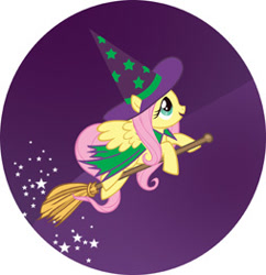 Size: 254x262 | Tagged: safe, artist:daniel jorge conci, fluttershy, pegasus, pony, g4, official, broom, cape, circle background, clothes, female, flying, flying broomstick, hat, mare, panini, solo, sparkles, spread wings, stock vector, wings, witch costume, witch hat