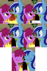 Size: 2562x3844 | Tagged: safe, artist:acersiii, berry punch, berryshine, minuette, earth pony, pony, g4, female, kissing, lesbian, mistletoe, ship:berrygate, shipping, tumblr:questioncolgatepony