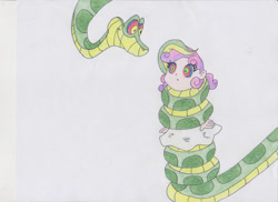 Size: 1024x746 | Tagged: safe, artist:reimon-master-ii, sweetie belle, human, snake, equestria girls, g4, :o, alternate hairstyle, clothes, coils, dress, duo, female, humanized, hypno eyes, hypnosis, hypnotized, kaa, kaa eyes, male, open mouth, patting, smiling, traditional art, wrapped up