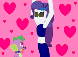 Size: 1818x1338 | Tagged: safe, artist:eli-j-brony, rarity, spike, dog, human, equestria girls, g4, arms in the air, belly dancer, belly dancer outfit, dancing, duo, female, happy trance, heart, heart background, heart eyes, humanized, hypno eyes, hypnority, hypnosis, hypnotized, male, ship:sparity, shipping, smiling, spike the dog, straight, swirly eyes, tongue out, wingding eyes