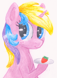 Size: 1863x2560 | Tagged: safe, artist:chevaleto, derpibooru exclusive, holly dash, pony, unicorn, g4, background pony, female, food, herbivore, holding, looking at you, plate, simple background, smiling, solo, strawberry, traditional art, watercolor painting