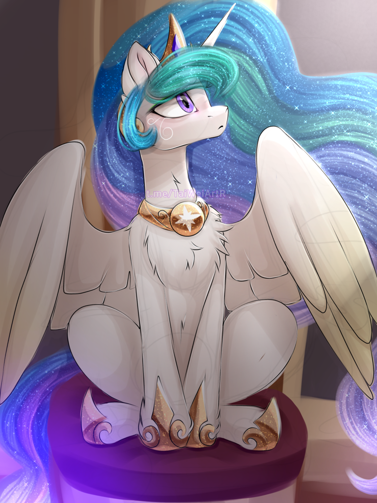 [alicorn,chest fluff,crown,female,g4,jewelry,long mane,mare,pony,princess celestia,safe,sitting,solo,tail,wings,regalia,ethereal mane,starry mane,peytral,hoof shoes,princess shoes,neck fluff,belly fluff,ethereal tail,starry tail,partially open wings,artist:taiweiart]