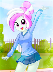 Size: 1052x1437 | Tagged: safe, artist:charliexe, oc, oc only, oc:rosemile mulberry, human, equestria girls, g4, clothes, collaboration, cute, female, fence, hair bun, looking at you, microskirt, miniskirt, ocbetes, open mouth, rosemile mulberry art collab, skirt, smiling, solo, sparkles