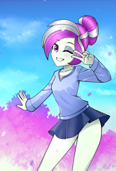 Size: 1500x2200 | Tagged: safe, artist:nekojackun, oc, oc only, oc:rosemile mulberry, human, equestria girls, g4, clothes, collaboration, cute, female, hair bun, looking at you, microskirt, miniskirt, ocbetes, one eye closed, peace sign, rosemile mulberry art collab, schrödinger's pantsu, skirt, smiling, solo, wink, winking at you