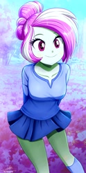 Size: 1070x2160 | Tagged: safe, artist:the-butch-x, oc, oc only, oc:rosemile mulberry, human, equestria girls, g4, clothes, collaboration, cute, female, hair bun, looking at you, microskirt, miniskirt, ocbetes, rosemile mulberry art collab, skirt, smiling, solo, uotapo-ish