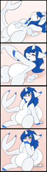 Size: 1378x5000 | Tagged: source needed, safe, artist:mamachubs, oc, oc only, oc:prince nova, hybrid, original species, shark, shark pony, unicorn, belly, blushing, comic, featureless crotch, female, horn, looking at you, plate, sleeping, solo, stuffed, stuffed belly