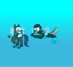 Size: 4535x4157 | Tagged: safe, artist:chainchomp2 edits, artist:sonicstreak5344, edit, rainbow dash, soarin', pegasus, pony, g4, bubble, dive mask, female, flippers (gear), goggles, male, ocean, rebreather, scuba diving, scuba gear, ship:soarindash, shipping, stallion, straight, swimming, underwater, water, wetsuit