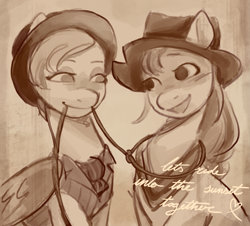 Size: 2261x2048 | Tagged: safe, artist:daisy_marshmallow, queen haven, sunny starscout, earth pony, pegasus, pony, g5, adorahaven, bandana, clothes, cowboy hat, cute, duo, duo female, female, hat, lasso, lesbian, looking at each other, looking at someone, mane stripe sunny, monochrome, rope, ship:sunnyhaven, shipping, smiling, sunnybetes, text
