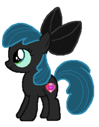 Size: 486x622 | Tagged: safe, anonymous artist, apple bloom, queen chrysalis, earth pony, pony, g4, black bow, female, filly, foal, palette swap, recolor, simple background, smiling, solo, white background