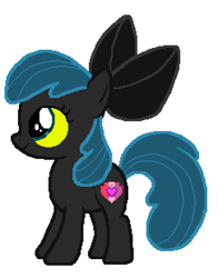 Size: 486x621 | Tagged: artist needed, safe, anonymous artist, apple bloom, queen chrysalis, earth pony, pony, g4, black bow, female, filly, foal, palette swap, recolor, simple background, smiling, solo, ultimate chrysalis, white background