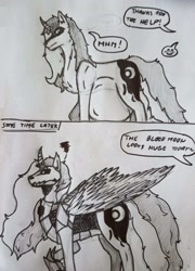 Size: 2250x3117 | Tagged: safe, artist:voraciosangel, oc, oc only, oc:flaron, alicorn, pony, unicorn, belly, big belly, comic, digestion, huge belly, long tail, tail, text, traditional art, transformation, vore
