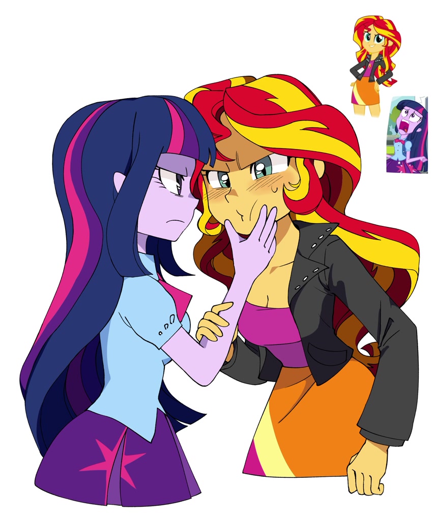 [annoyed,blushing,bowtie,breasts,cleavage,clothes,duo,equestria girls,female,frown,g4,human,leather jacket,long hair,reference,safe,simple background,skirt,teenager,twilight sparkle,white background,looking at each other,sunset shimmer,twiscream,duo female,blouse,blush sticker,face grab,puffy sleeves,hand on face,furrowed brow,looking at someone,blush lines,screencap reference,artist:cheesesauce_45]