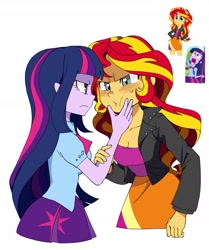 Size: 1945x2325 | Tagged: safe, artist:cheesesauce_45, sunset shimmer, twilight sparkle, human, equestria girls, g4, annoyed, blouse, blush lines, blush sticker, blushing, bowtie, breasts, cleavage, clothes, duo, duo female, face grab, female, frown, furrowed brow, hand on face, leather jacket, long hair, looking at each other, looking at someone, puffy sleeves, reference, screencap reference, simple background, skirt, teenager, twiscream, white background