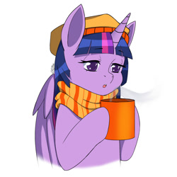 Size: 2000x2000 | Tagged: safe, artist:erein, twilight sparkle, alicorn, pony, g4, bedroom eyes, christmas, clothes, cold, colored, commission, cup, cute, ears up, female, flat colors, hat, high res, holiday, horn, multicolored hair, scarf, simple background, solo, striped scarf, twilight sparkle (alicorn), white background, wings, winter