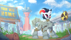 Size: 3840x2160 | Tagged: safe, artist:strafe blitz, oc, oc only, pony, armor, high res, looking at you, multicolored hair, multicolored mane, power armor, radiation sign, solo, turned head