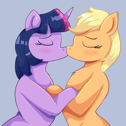 Size: 2500x2500 | Tagged: safe, artist:maldoando, applejack, twilight sparkle, earth pony, pony, unicorn, g4, blushing, commission, duo, female, kiss on the lips, kissing, lesbian, ship:twijack, shipping