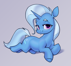 Size: 2521x2352 | Tagged: safe, artist:aquaticvibes, trixie, pony, unicorn, g4, female, gray background, lidded eyes, looking at you, lying down, mare, prone, simple background, smiling, smirk, smug, solo
