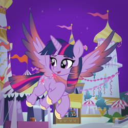 Size: 2000x2000 | Tagged: safe, alternate character, alternate version, twilight sparkle, alicorn, pony, g4, alternate hairstyle, alternate universe, canterlot, clothes, colored wings, flying, gliding, gradient mane, gradient tail, gradient wings, scarf, solo, spread wings, tail, twilight sparkle (alicorn), wings