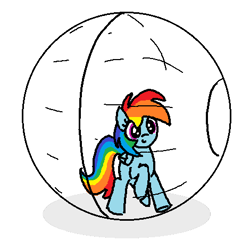 Size: 470x470 | Tagged: safe, artist:purblehoers, rainbow dash, pegasus, pony, g4, ball, female, mare, ms paint, simple background, smiling, solo, tiny, tiny ponies, walking, white background