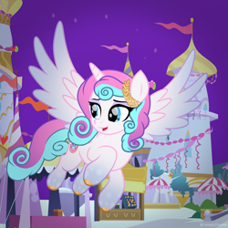 Size: 2000x2000 | Tagged: safe, alternate character, alternate version, artist:lovinglypromise, oc, oc only, oc:lovely promise, pony, alternate universe, canterlot, female, flying, gliding, not flurry heart, offspring, parent:princess cadance, parent:shining armor, parents:shiningcadance, smiling, snow, snowflake, solo, spread wings, wings