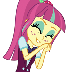Size: 1388x1440 | Tagged: safe, edit, edited screencap, screencap, sour sweet, human, equestria girls, g4, background removed, eyes closed, hand on face, png, simple background, smiling, solo, transparent background