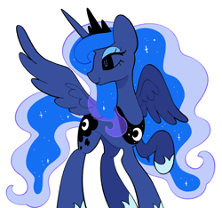 Size: 2048x1913 | Tagged: safe, artist:risswm, princess luna, alicorn, pony, g4, concave belly, female, mare, no sclera, one wing out, simple background, slender, smiling, solo, thin, turned head, white background, wings