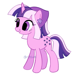 Size: 1585x1585 | Tagged: safe, artist:risswm, twilight, pony, unicorn, g1, g4, bandana, ear piercing, earring, eye clipping through hair, female, g1 to g4, generation leap, grin, jewelry, mare, piercing, signature, simple background, smiling, solo, white background