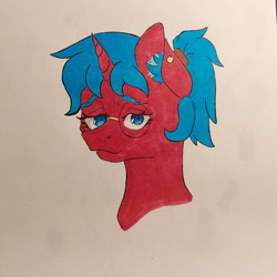 Size: 2448x2448 | Tagged: safe, artist:chacarron, oc, oc only, oc:polyatomics, unicorn, alternate universe, bust, ear piercing, female, glasses, mare, piercing, portrait, simple background, solo, traditional art