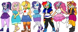 Size: 1600x670 | Tagged: safe, artist:zoedashagreste2405, applejack, fluttershy, pinkie pie, rainbow dash, rarity, sci-twi, sunset shimmer, twilight sparkle, cat, fox, hedgehog, mobian, rabbit, anthro, equestria girls, g4, animal, breasts, clothes, equestria girls outfit, fluttershy is short, fluttershy is smol, humane five, humane seven, humane six, petiteshy, simple background, smolshy, sonic the hedgehog (series), sonicified, species swap, white background