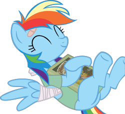 Size: 9679x8846 | Tagged: safe, artist:retroponybro, rainbow dash, pegasus, pony, g4, read it and weep, ^^, absurd resolution, bandage, book, broken wing, cute, dashabetes, eyes closed, female, happy, inkscape, mare, simple background, solo, transparent background, vector, wings