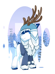 Size: 859x1145 | Tagged: safe, artist:diniarvegafinahar, deer, deer pony, hybrid, original species, pony, antlers, clothes, finland, hat, lidded eyes, male, nation ponies, ponified, simple background, snow, solo, stallion, tree, white background, winter, winter hat, winter outfit