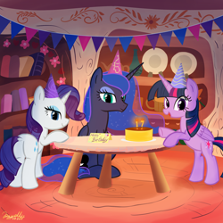 Size: 2048x2048 | Tagged: safe, artist:rayelli, princess luna, rarity, twilight sparkle, alicorn, pony, unicorn, g4, back, bipedal, birthday, book, butt, cake, dock, female, food, golden oaks library, happy birthday, hat, high res, looking at you, mare, open mouth, party hat, plate, plot, show accurate, sitting, standing, tail, trio, twilight sparkle (alicorn), vase