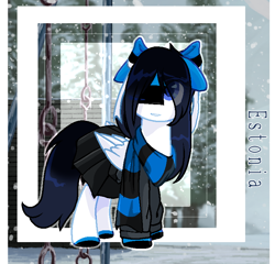 Size: 768x737 | Tagged: safe, artist:diniarvegafinahar, pegasus, pony, bow, clothes, estonia, eye clipping through hair, female, floppy ears, looking up, mare, nation ponies, one eye closed, ponified, scarf, skirt, snow, solo, sweater, tree, winter, winter outfit
