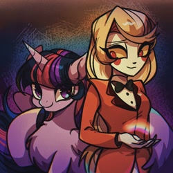 Size: 1600x1600 | Tagged: safe, artist:tkotu1, twilight sparkle, alicorn, demon, pony, g4, abstract background, bowtie, charlie morningstar, chest fluff, clothes, crossover, duo, duo female, female, hazbin hotel, hellaverse, hellborn, hoof on chin, inside of every demon is a rainbow, looking at each other, looking at someone, mare, princess, princess of hell, rainbow, smiling, smiling at each other, suit, that's entertainment, twilight sparkle (alicorn)