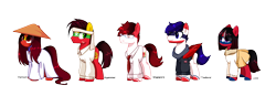 Size: 2888x1000 | Tagged: safe, artist:diniarvegafinahar, part of a set, earth pony, pegasus, pony, asean, asian conical hat, clothes, eye clipping through hair, female, glasses, hat, headband, jacket, laos, male, mare, myanmar, nation ponies, necktie, ponified, scar, simple background, singapore, skirt, stallion, stars, thailand, transparent background, vietnam
