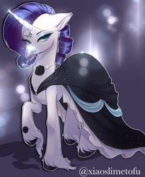 Size: 1676x2048 | Tagged: safe, artist:xiaoslimetofu, rarity, pony, unicorn, g4, black dress, black hooves, clothes, dress, drink, drinking, ear piercing, earring, elegant, fetlock tuft, flower, glass, jewelry, looking at you, necklace, piercing, rose, solo