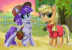 Size: 2331x1635 | Tagged: safe, artist:candyclumsy, part of a set, applejack, maud pie, earth pony, pony, g4, alternate hairstyle, apple, apple tree, bag, clothes, commission, duo, duo female, emotionless, farmer, female, fence, food, freckles, frock coat, hat, jewelry, lidded eyes, looking at you, mare, necklace, part of a series, personality swap, raised hoof, role reversal, saddle bag, smiling, straw in mouth, swap, tree, when she smiles
