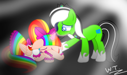 Size: 1816x1084 | Tagged: safe, artist:elementbases, artist:ra1nb0wk1tty, artist:teahie821, oc, oc only, oc:rainbow kitty, oc:teahie, alicorn, earth pony, pony, base used, comforting, crying, ponified, sad