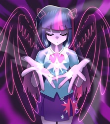 Size: 3641x4096 | Tagged: safe, artist:gunim8ed, twilight sparkle, human, equestria girls, g4, arms, artificial wings, augmented, bowtie, breasts, bust, clothes, collar, cutie mark on clothes, eyes closed, female, fingers, hand, legs, long hair, magic, magic wings, ponied up, short sleeves, skirt, solo, standing, teenager, wings