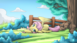 Size: 2560x1440 | Tagged: safe, artist:mysticalpha, fluttershy, pegasus, pony, g4, cute, female, fence, grass, looking at you, lying down, mare, nature, on side, one wing out, shyabetes, solo, tree, wings