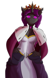 Size: 1144x1616 | Tagged: safe, artist:floppochkin, oc, oc only, oc:queen lucania, changeling, changeling queen, anthro, equestria at war mod, cape, changeling queen oc, clothes, crown, dress, female, jewelry, purple changeling, purple eyes, purple hair, regalia, royalty, simple background, slit pupils, solo, transparent background