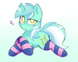 Size: 1687x1327 | Tagged: safe, artist:sillyp0ne, lyra heartstrings, pony, unicorn, g4, clothes, female, gradient background, heart, horn, looking at you, lying down, mare, prone, smiling, smiling at you, socks, solo, striped socks