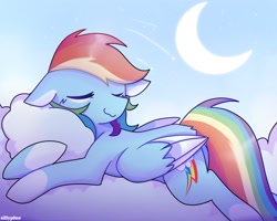 Size: 1736x1390 | Tagged: safe, artist:sillyp0ne, rainbow dash, pegasus, pony, g4, :3, backwards cutie mark, cloud, crescent moon, eyes closed, female, floppy ears, folded wings, lying down, lying on a cloud, mare, moon, on a cloud, outdoors, prone, sky, sleeping, solo, wings