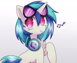 Size: 2577x2111 | Tagged: safe, artist:sillyp0ne, dj pon-3, vinyl scratch, pony, unicorn, g4, cheek fluff, chest fluff, female, gradient background, high res, horn, looking at you, mare, music notes, smiling, smiling at you, solo, vinyl's glasses
